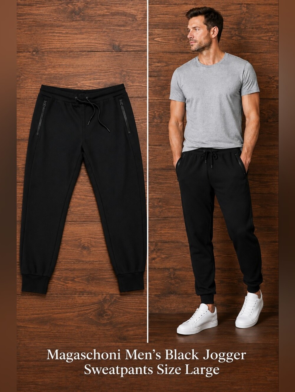 Magaschoni Black Drawstring Zip Pockets Tapered Jogger Sweatpants Men Size Large